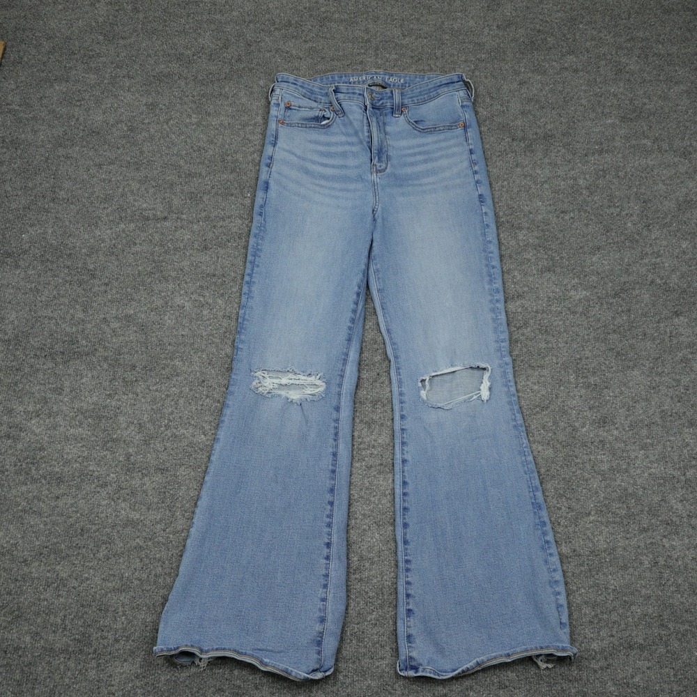 American Eagle Jeans Womens 8 Short Blue Super High Rise Flare Distressed Boho